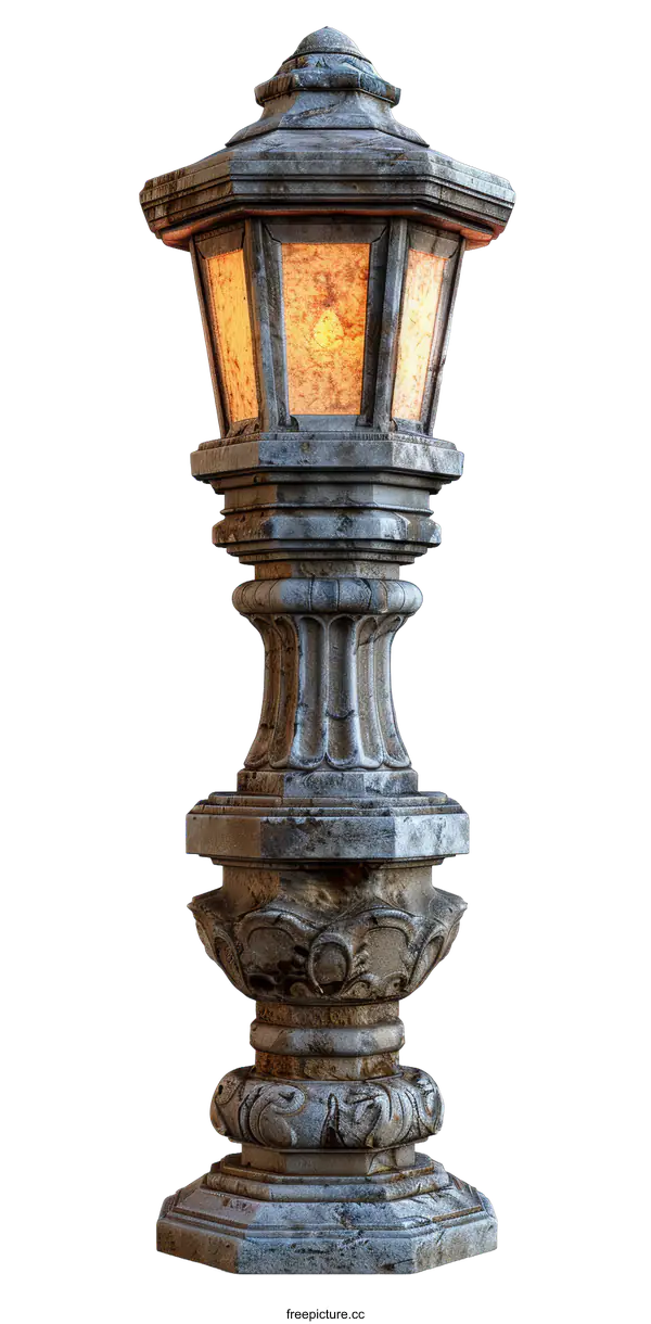 [Transparent Background PNG]A digital rendering of a vintage street lamp made of stone with an orange glow from within
