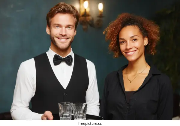Two smiling restaurant staff holding tray with glasses