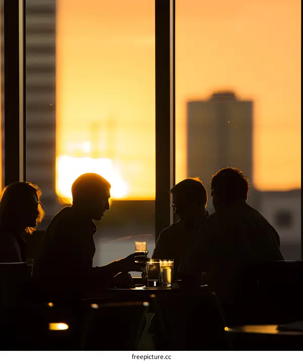 Silhouettes of People at Sunset in a City