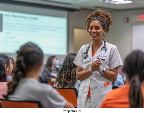 A smiling female doctor in a white coat stands in front of a group of people.