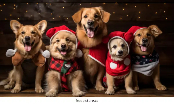 Five Golden Retrievers Wearing Santa Hats by the Christmas Tree