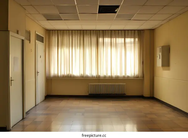 Empty Room With Window and Curtain in Abandoned Building
