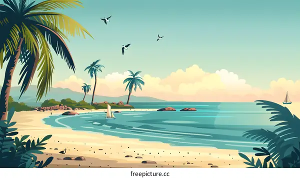 Tropical Beach Landscape Illustration with Palm Trees and Sailboat
