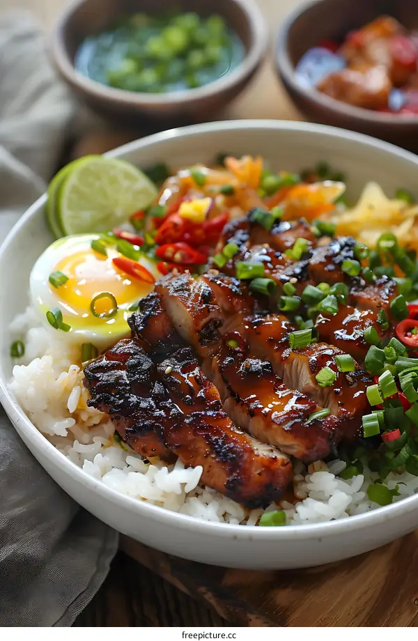 A delicious and healthy meal of chicken, rice, vegetables and egg