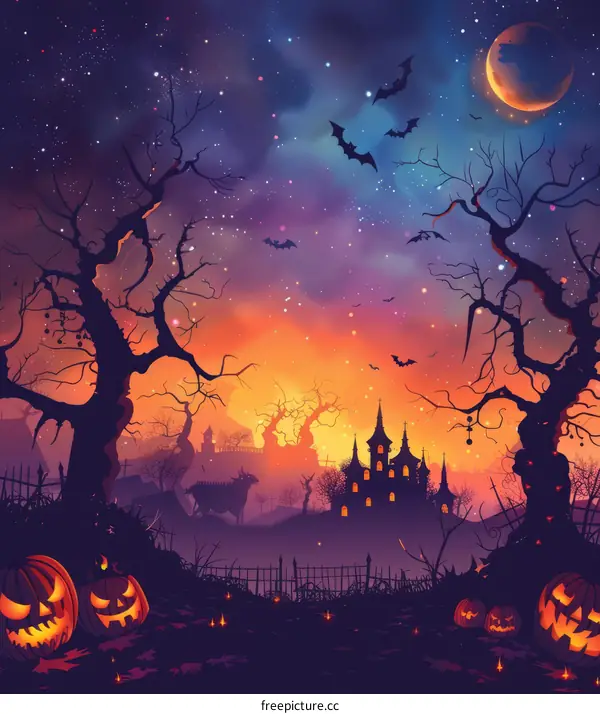 Spooky Halloween Night with Castle Silhouette