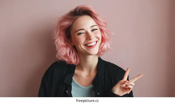 Young Woman with Pink Hair Showing Peace Sign