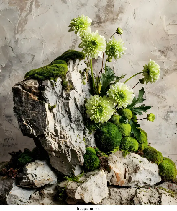 Green Dahlias Flower Arrangement with Mossy Rocks