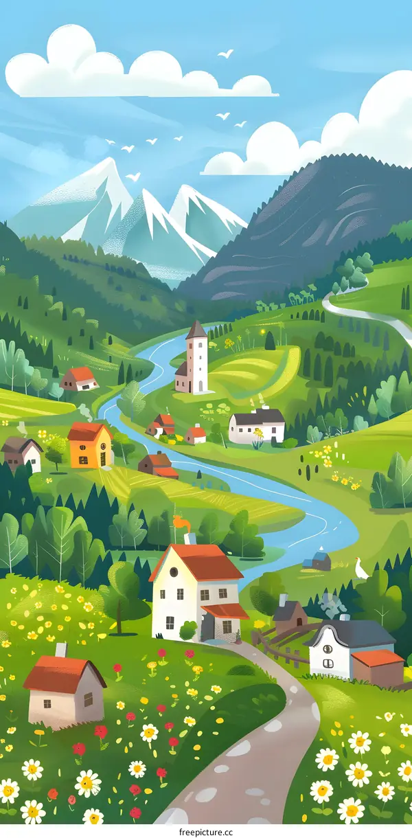 Mountain Village Landscape Illustration