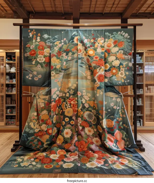 A colorful kimono with a floral pattern is displayed in a traditional Japanese room.