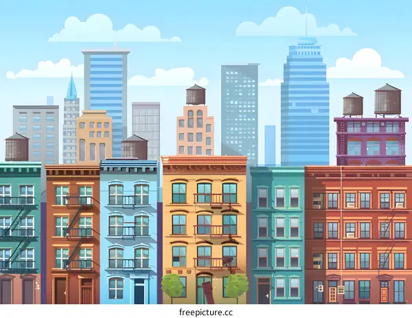 Colorful Cartoon Illustration of City Buildings