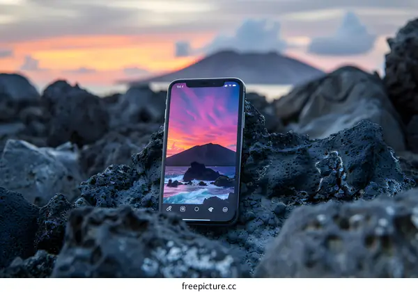 Smartphone Displaying Sunset Image On Rocks
