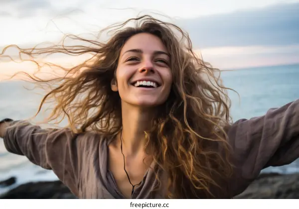 carefree woman standing on a cliff with arms outstretched