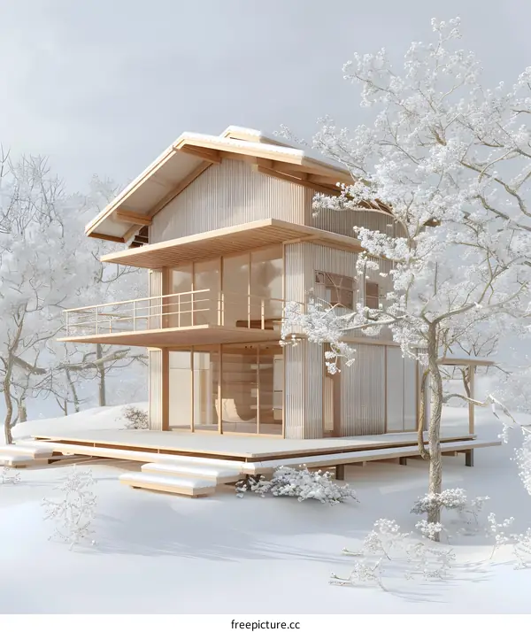 A wooden house in the middle of a snowy forest