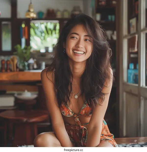 Portrait of a smiling young Asian woman with long dark hair