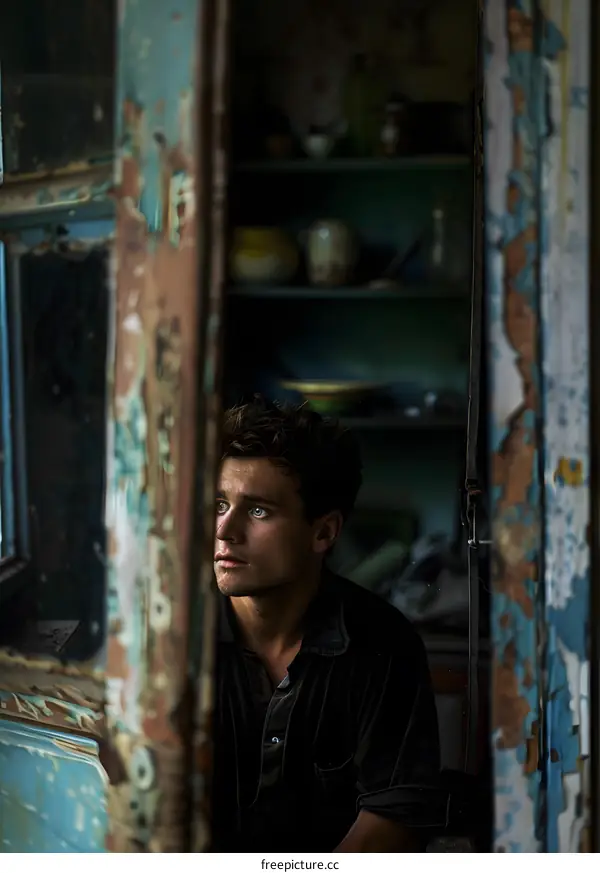 Portrait of a young man looking through an old wooden door
