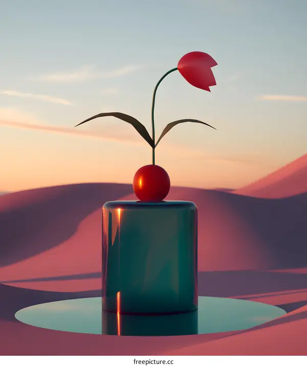 Minimalist 3D Illustration of Red Flower with Green Stem on Teal Cylinder in Desert at Sunset