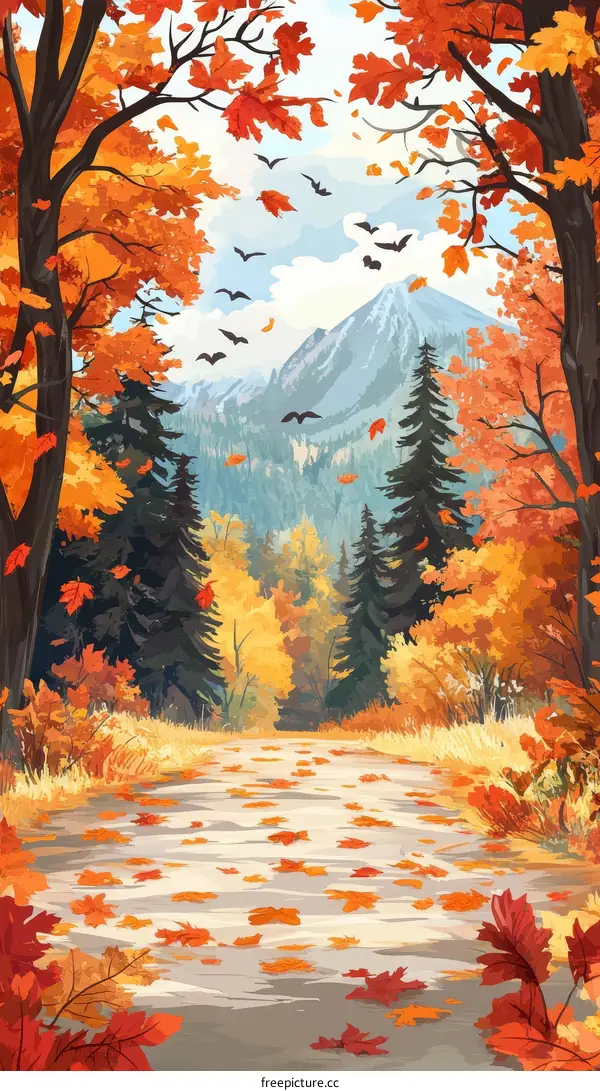 Autumn Forest Path Illustration with Colorful Leaves