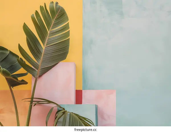 Tropical Leaf On A Pastel Wall With Copy Space