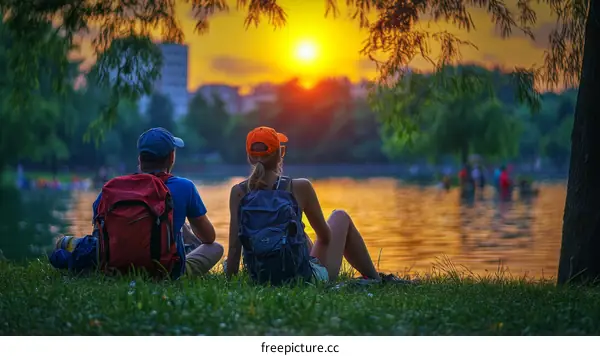 Couple Relaxing by the Lake at Sunset