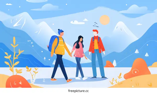 Three Friends Hiking in Mountain Landscape Illustration