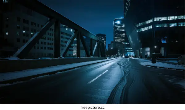 Night view of an urban bridge with buildings and wet road