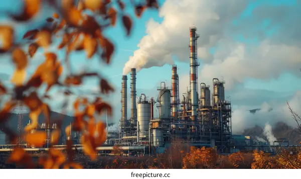 An oil refinery with autumn leaves in the foreground
