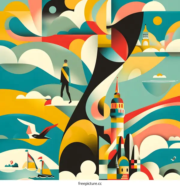 Abstract Geometric Illustration of a Cityscape with a Man Walking