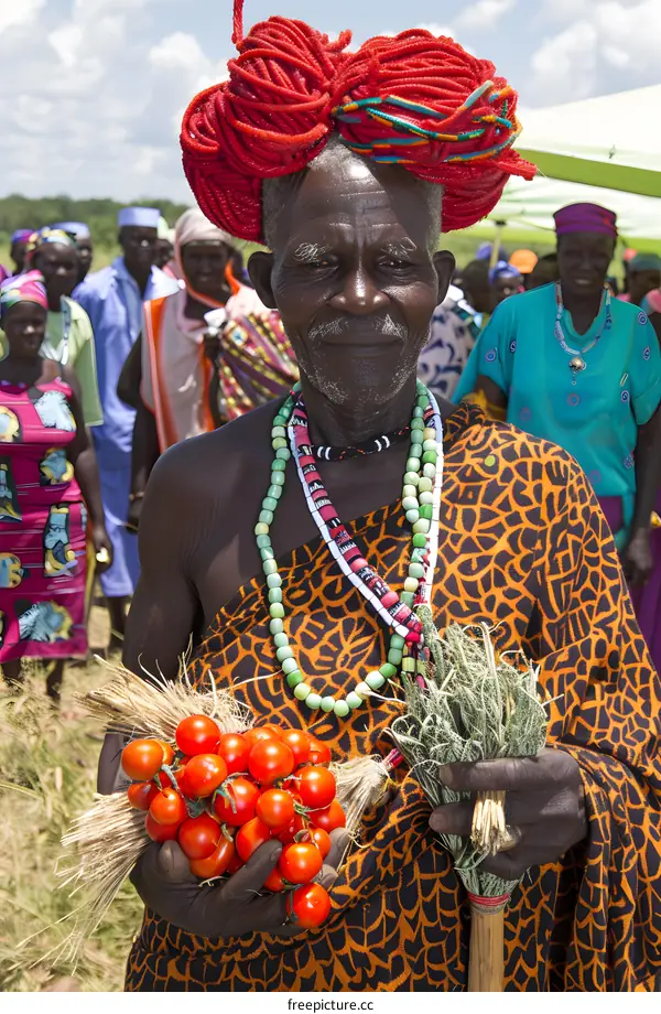 African Man Wearing Traditional Clothing Holding Tomatoes and a Broom