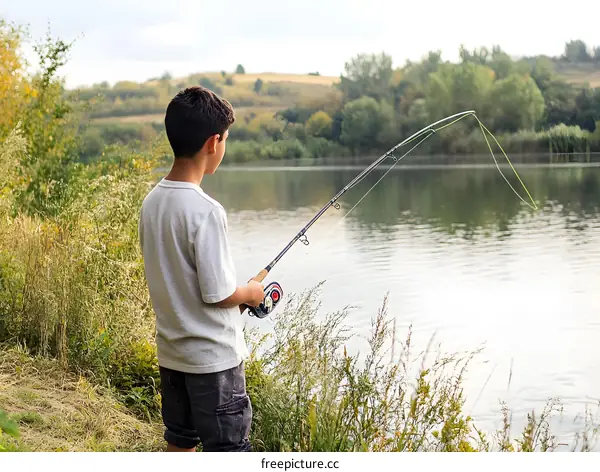 Young Boy Fishing by the Lake