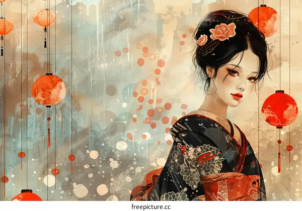 An Asian woman in a kimono with red and pink flowers in her hair standing in front of a blue background with red lanterns.