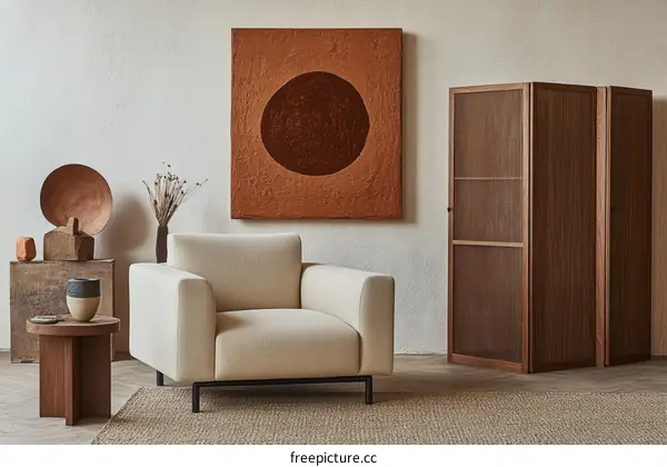 Modern Beige Sofa and Wooden Display Cabinet in a Minimalist Living Room