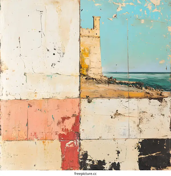 Abstract Coastal Landscape Painting With Tower