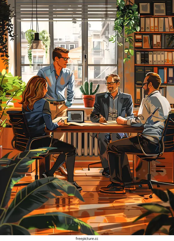 Four business people having a meeting in an office