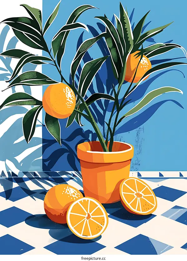 Orange Tree with Orange Fruit on Checkered Floor Illustration