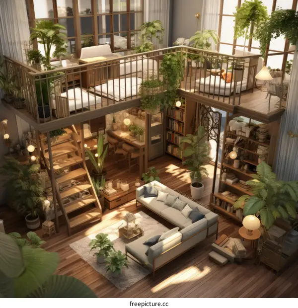A cozy living space with a loft, decorated with lots of plants