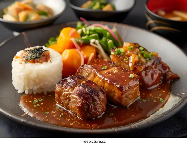 Japanese Food Braised Pork Belly with Rice and Vegetables