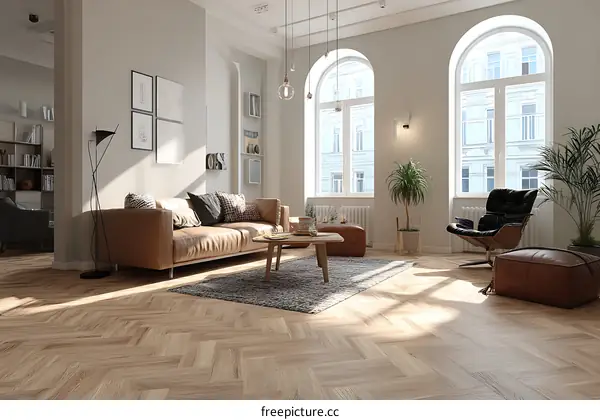 Modern Living Room with Herringbone Flooring