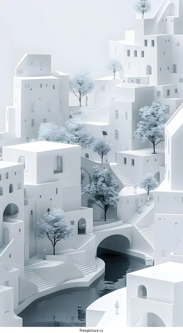 3D rendering of a white city with trees and stairs