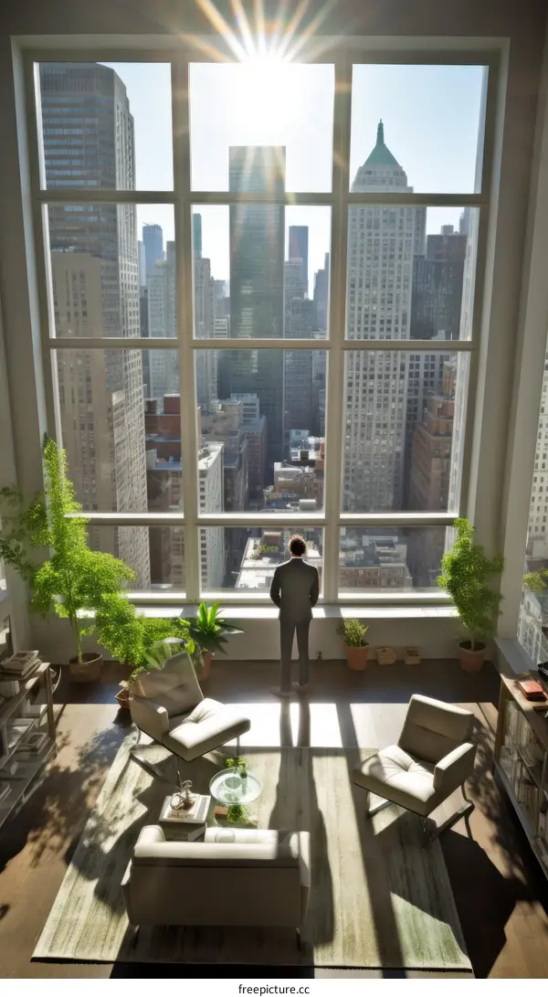 Businessman looking at the city from his office window