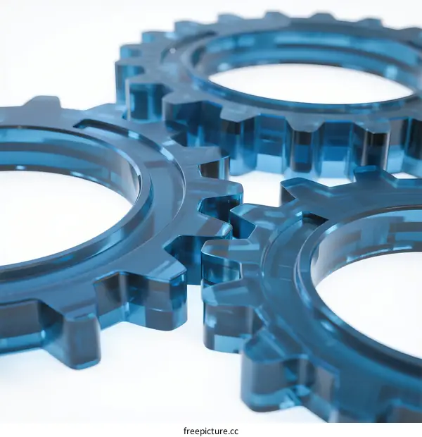 Close-up of three blue gear wheels connected together