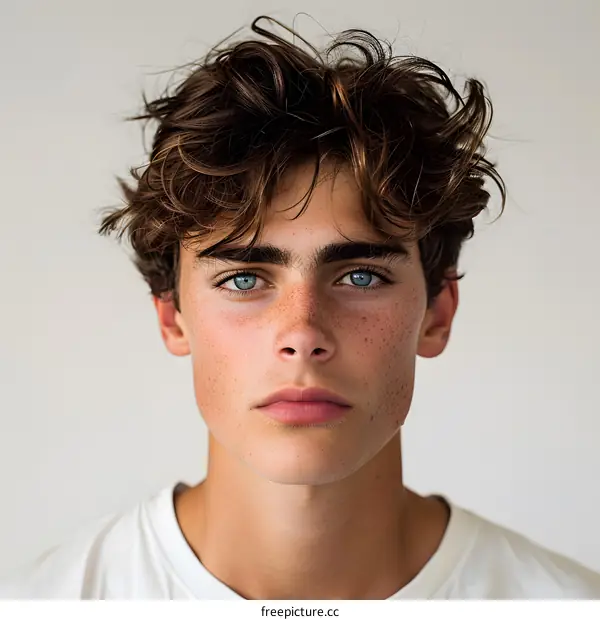 Portrait of a handsome young man with freckles and blue eyes