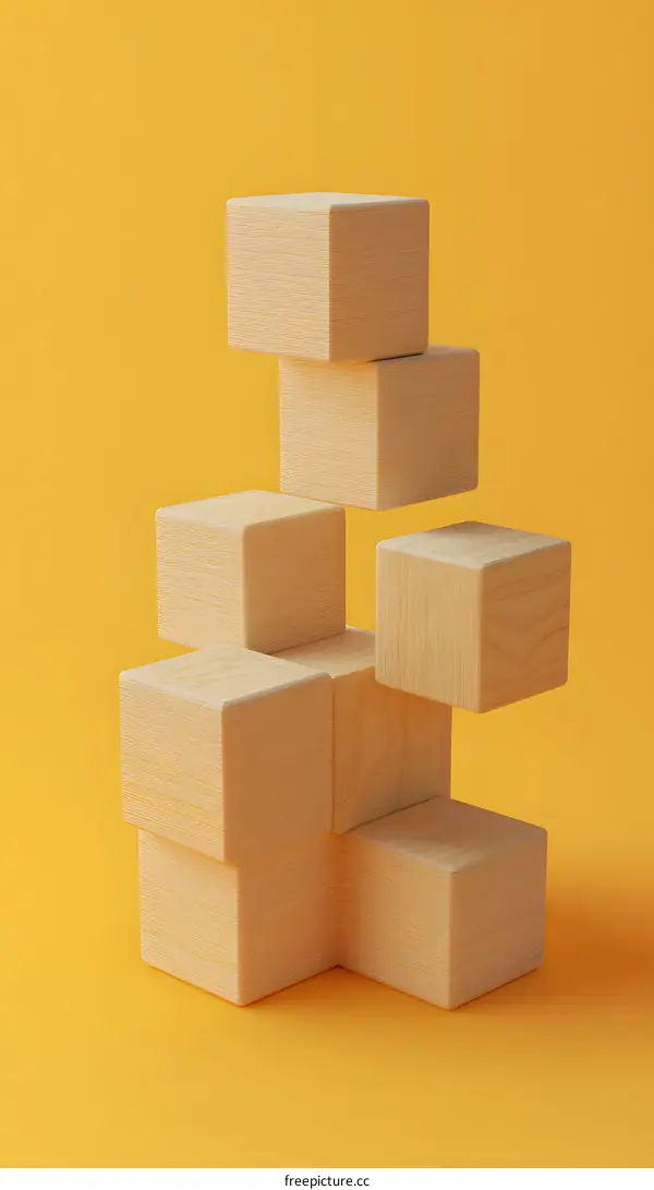 Wooden Blocks Stacked On Yellow Background