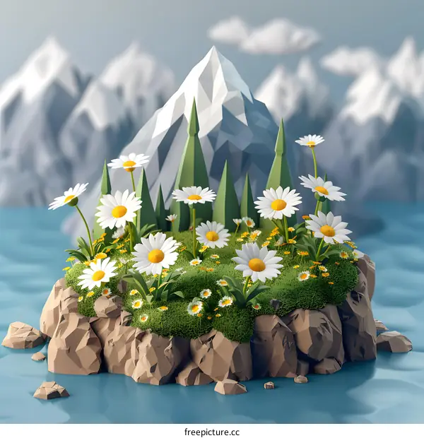 3D illustration of a small rocky island with green grass and white flowers in the middle of a lake against a backdrop of snow-capped mountains