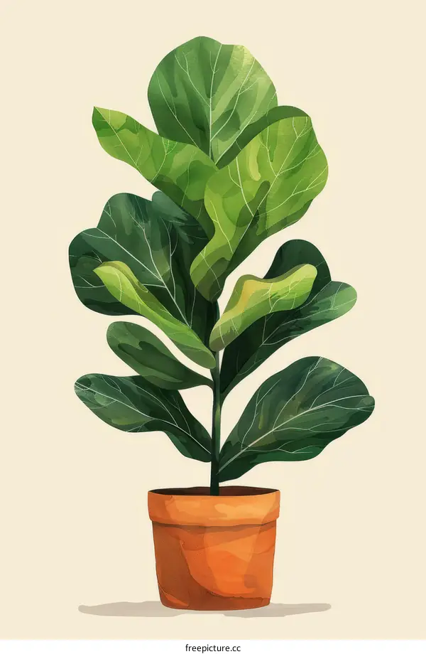 Beautiful Watercolor Illustration of Potted Fiddle Leaf Fig Plant Artwork
