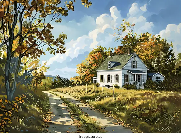 Autumn Countryside Landscape Painting With White House