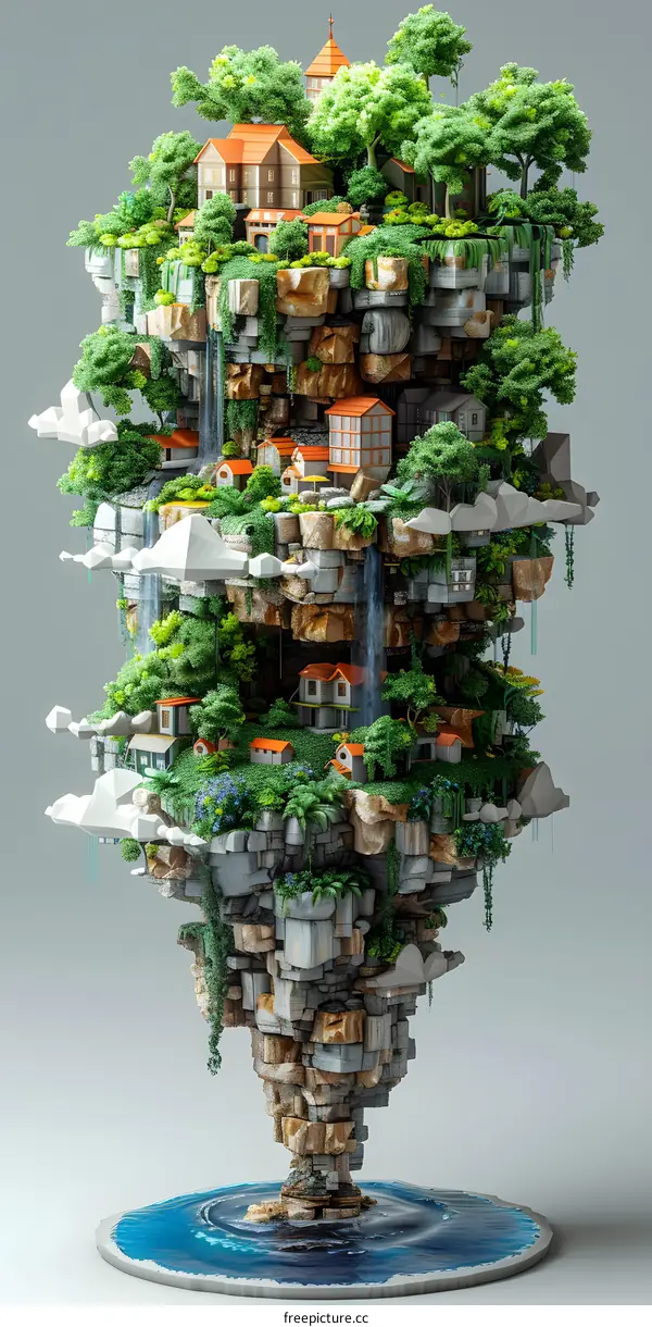 Floating City Illustration With Waterfalls