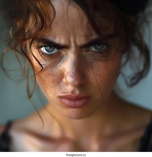 Close Up Portrait of a Young Woman with Freckles and Blue Eyes Looking Directly at the Camera