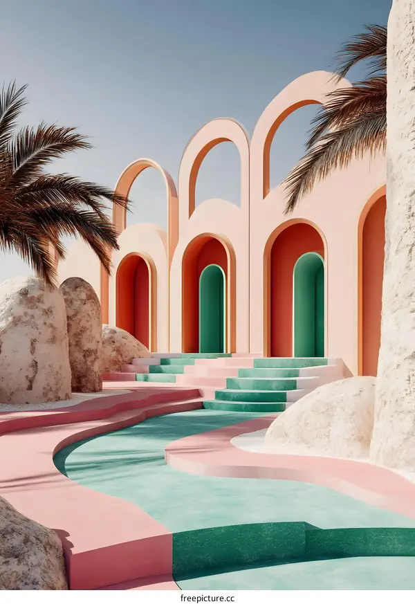 Abstract Archway Landscape With Palm Trees And Pink And Green Flooring
