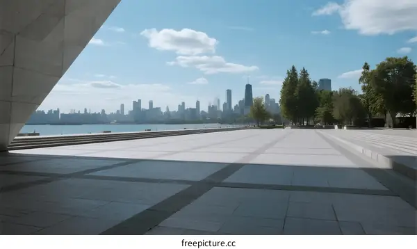 Open area with city skyline and clear blue sky