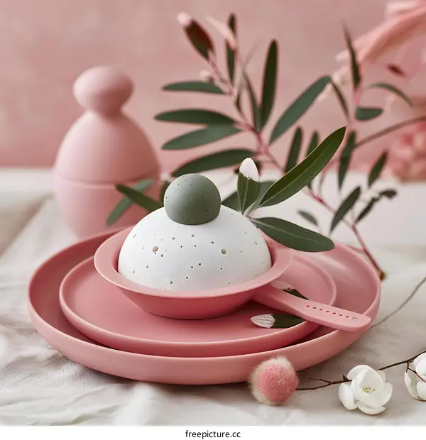 Pink and Green Ceramic Dishes on a White Tablecloth